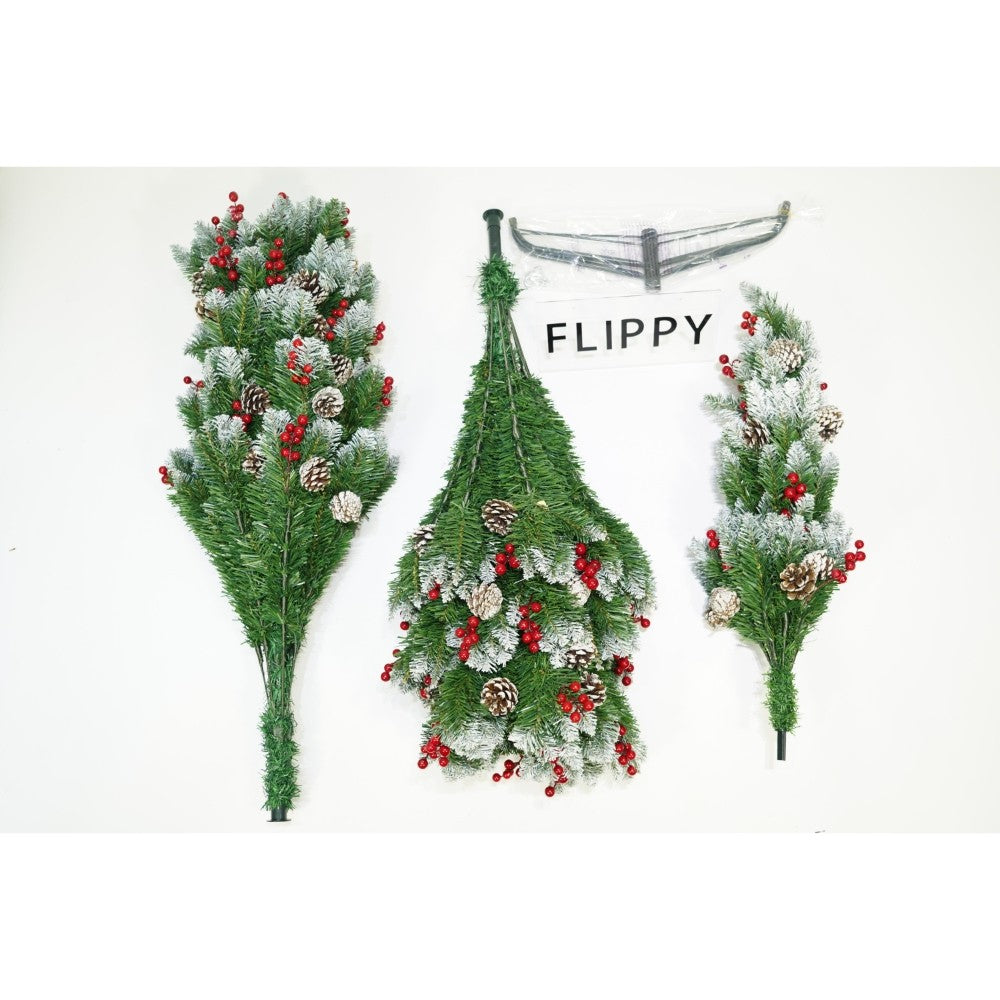 Brad artificial de Craciun nins, decorat cu conuri pin rosii, inaltime 180 cm, diametru 95 cm, 319 ramuri, Vivimall, verde, suport metalic inclus - vivimall.ro