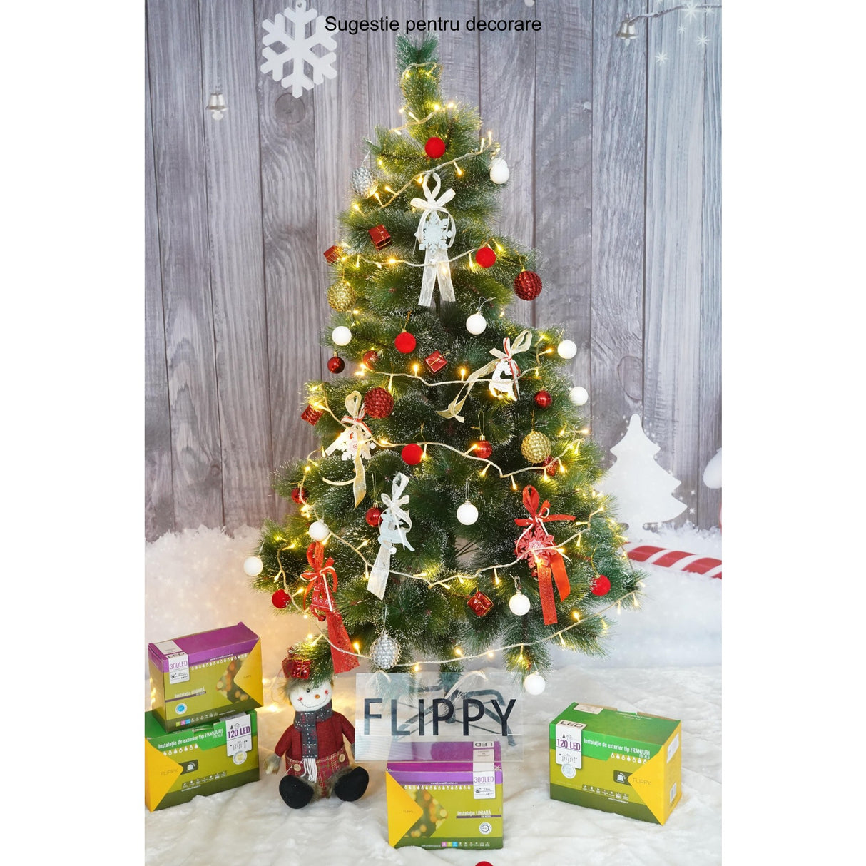 Brad artificial de Craciun tip pin inzapezit, inaltime 150 cm, diametru 85 cm, 160 ramuri cu ace 3D 12 cm, Vivimall, verde cu varfuri ninse, suport metalic inclus - vivimall.ro