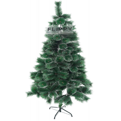 Brad artificial de Craciun tip pin inzapezit, inaltime 180 cm, diametru 105 cm, 260 ramuri cu ace 3D 12 cm, Vivimall, verde cu varfuri ninse, suport metalic inclus - vivimall.ro