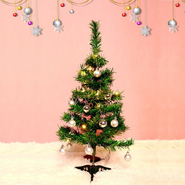 Brad Artificial Impodobit, 60 cm, suport plastic cu instalatie luminoasa 20 LED alb cald + 20 globuri argintii incluse, Vivimall - vivimall.ro