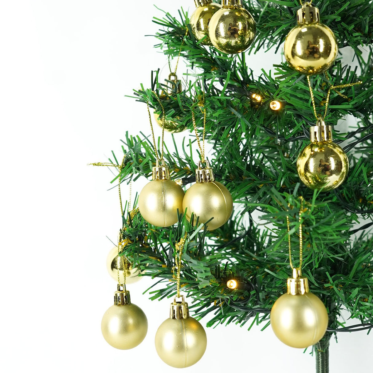 Brad Artificial Impodobit, 60 cm, suport plastic, cu instalatie luminoasa 20 LED alb cald + 20 globuri aurii incluse, Vivimall - vivimall.ro