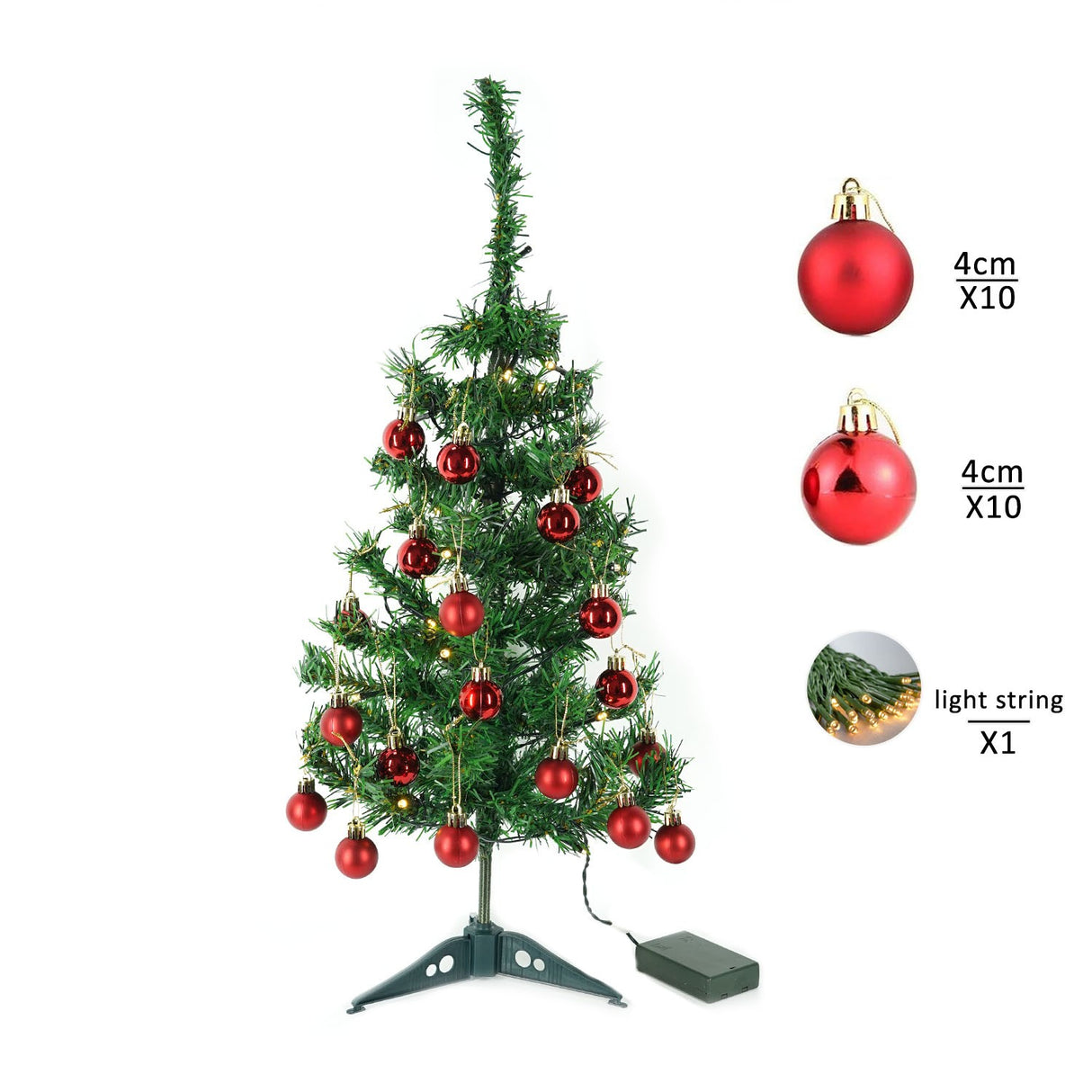 Brad Artificial Impodobit, 60 cm, suport plastic cu instalatie luminoasa 20 LED alb cald + 20 globuri rosii incluse, Vivimall - vivimall.ro