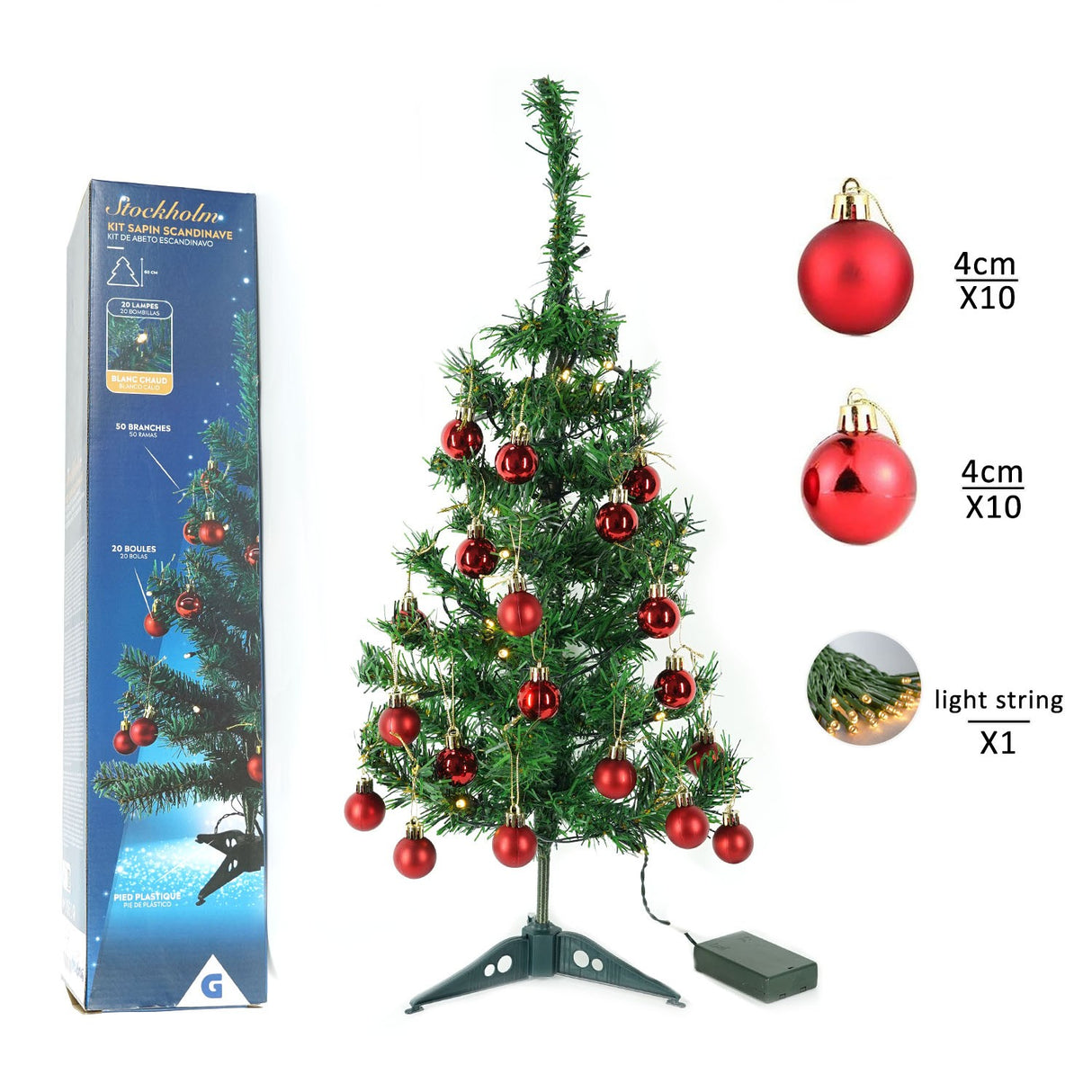 Brad Artificial Impodobit, 60 cm, suport plastic cu instalatie luminoasa 20 LED alb cald + 20 globuri rosii incluse, Vivimall - vivimall.ro