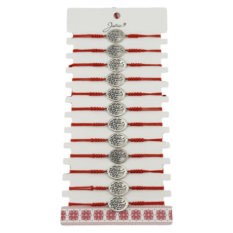 Bratara Martisor pentru Dama, Jolie, Model Copac Rotund, Set 12 bucati, Pandativ Argintiu din Inox cu Snur Rosu Ajustabil - vivimall.ro