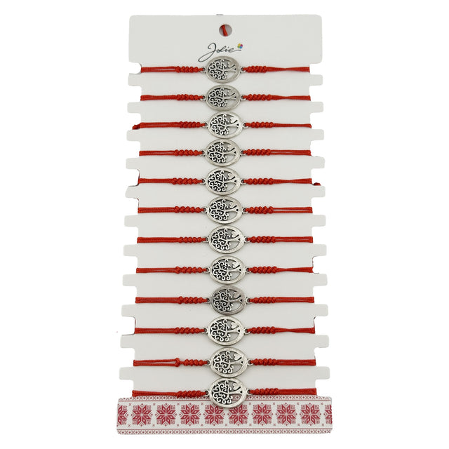 Bratara Martisor pentru Dama, Jolie, Model Copac Rotund, Set 12 bucati, Pandativ Argintiu din Inox cu Snur Rosu Ajustabil - vivimall.ro