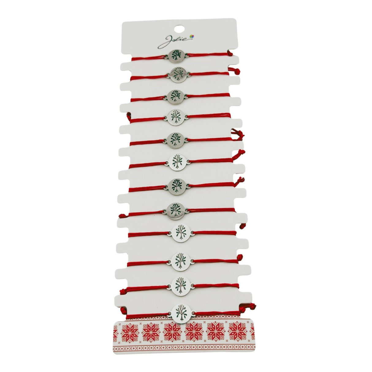 Bratara Martisor pentru Dama, Jolie, Model Copacul Vietii, Set 12 bucati, Pandativ Argintiu din Inox cu Snur Rosu Ajustabil - vivimall.ro