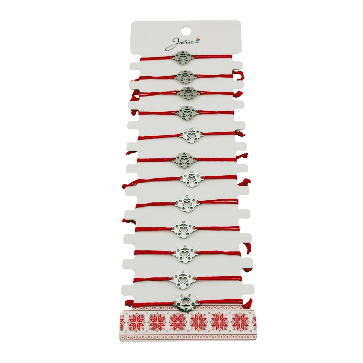 Bratara Martisor pentru Dama, Jolie, Model Inima in Floare, Set 12 bucati, Pandativ Argintiu din Inox cu Snur Rosu Ajustabil - vivimall.ro