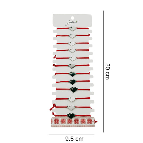 Bratara Martisor pentru Dama, Jolie, Model Inima, Set 12 bucati, Pandativ Argintiu din Inox cu Snur Rosu Ajustabil - vivimall.ro