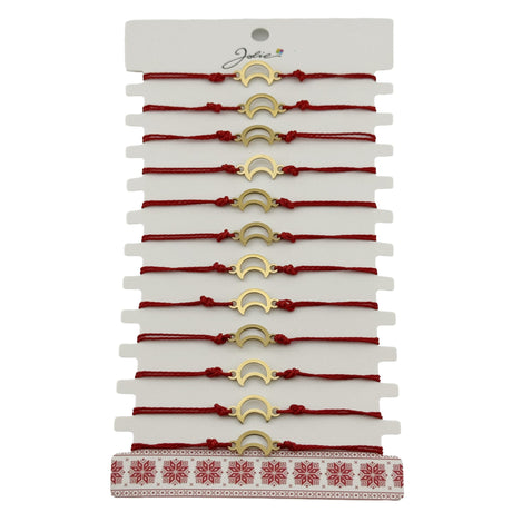 Brățară mărțișor damă Jolie model Luna Contur, set 12 bucăți, pandantiv inox auriu, șnur roșu, vedere frontală