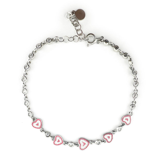 Bratara pentru Copii, Jolie, Argint 925, Model Inima, cu Email si Zirconiu, 22 cm/4.4g Argintiu/Roz - vivimall.ro