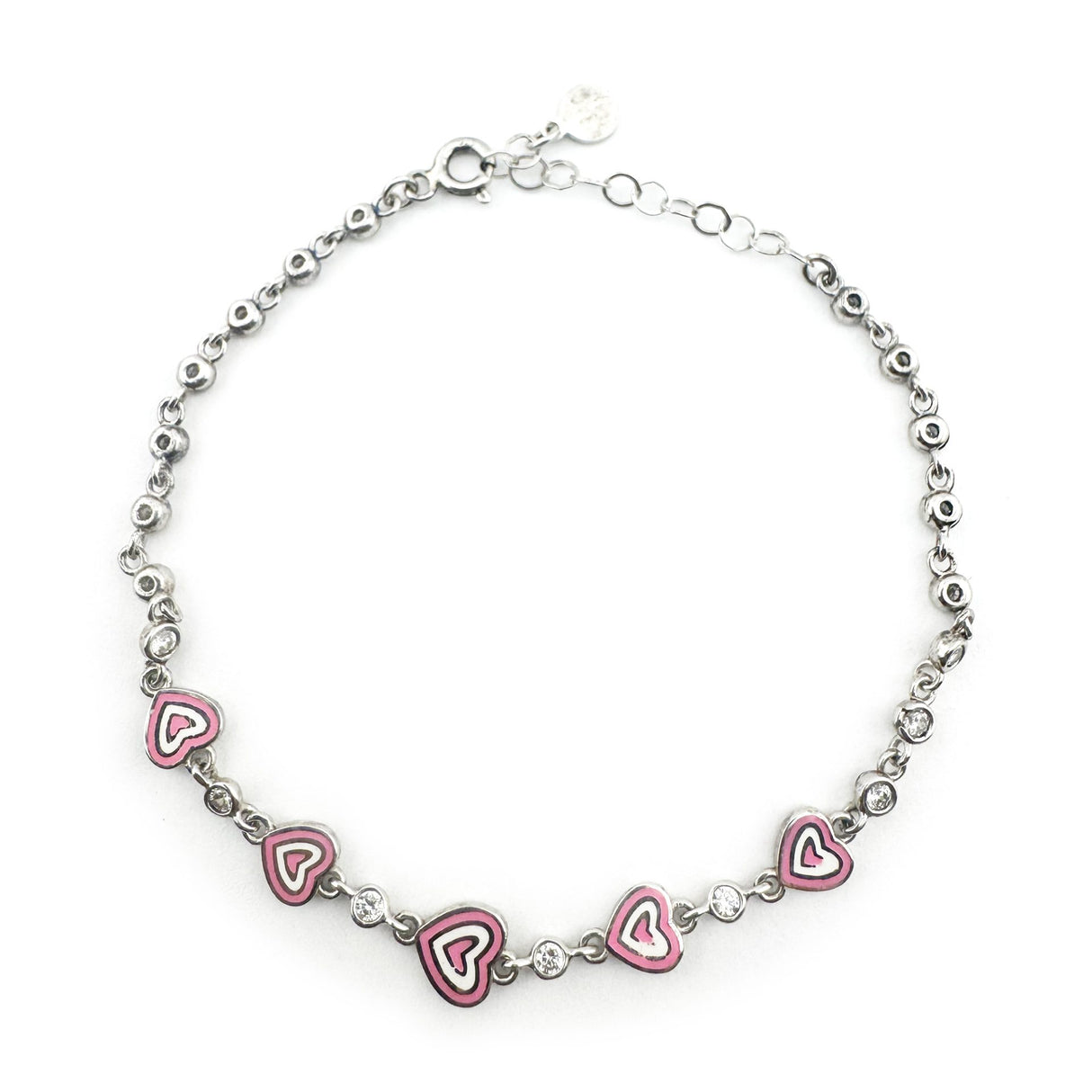 Bratara pentru Copii, Jolie, Argint 925, Model Inima, cu Email si Zirconiu, 22 cm/4.4g Argintiu/Roz/Alb - vivimall.ro
