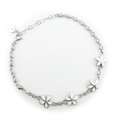 Bratara pentru Copii, Jolie, Argint 925, Model Floare, cu Email si Zirconiu, 22 cm/4.4g Argintiu/Alb - vivimall.ro