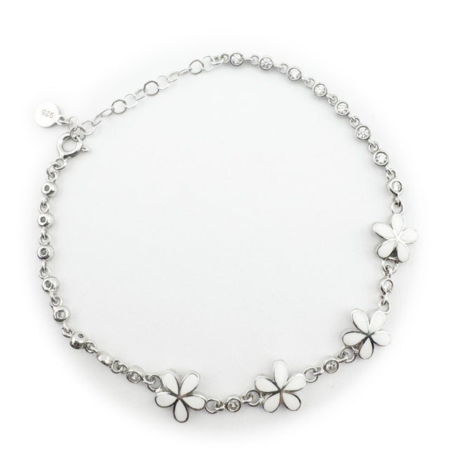 Bratara pentru Copii, Jolie, Argint 925, Model Floare, cu Email si Zirconiu, 22 cm/4.4g Argintiu/Alb - vivimall.ro