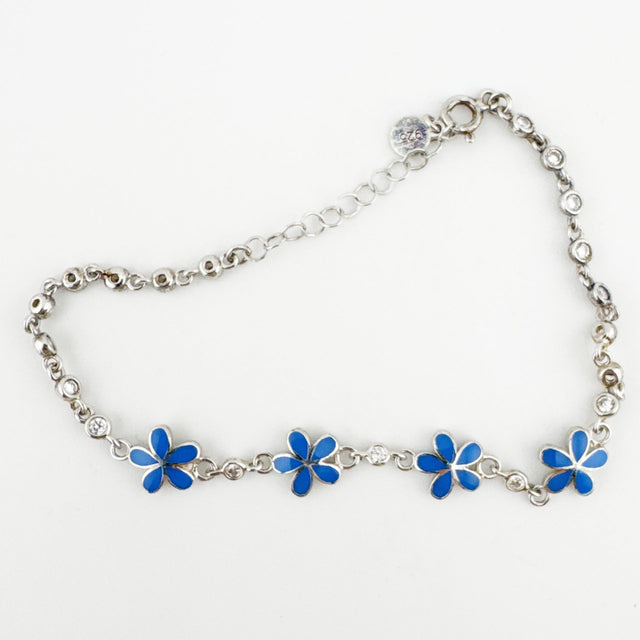 Bratara pentru Dama Copii, Jolie, Argint 925, Model Floare Albastra, cu Email si Zirconiu, Argintiu - vivimall.ro