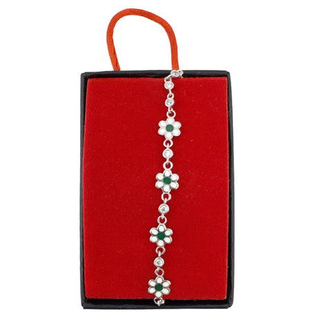 Bratara pentru Copii, Jolie, Argint 925, Model Floare cu Piatra, cu Email si Zirconiu, 22 cm/4.4g Argintiu/Verde - vivimall.ro