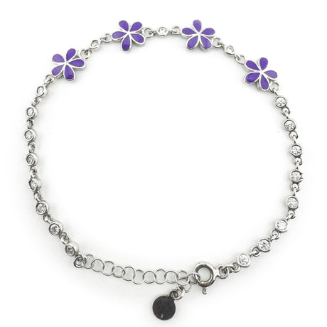 Bratara pentru Copii, Jolie, Argint 925, Model Floare, cu Email si Zirconiu, 22 cm/4.4g Argintiu/Mov - vivimall.ro