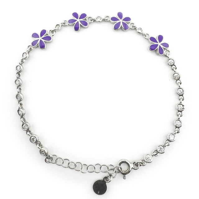 Bratara pentru Copii, Jolie, Argint 925, Model Floare, cu Email si Zirconiu, 22 cm/4.4g Argintiu/Mov - vivimall.ro
