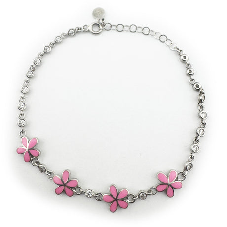 Bratara pentru Copii, Jolie, Argint 925, Model Floare, cu Email si Zirconiu, 22 cm/4.4g Argintiu/Roz - vivimall.ro