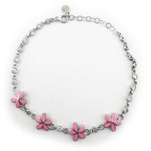Bratara pentru Copii, Jolie, Argint 925, Model Floare, cu Email si Zirconiu, 22 cm/4.4g Argintiu/Roz - vivimall.ro