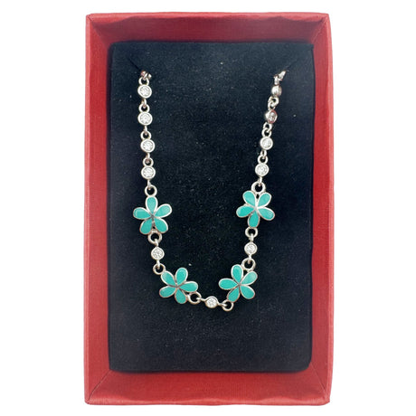 Bratara pentru Copii, Jolie, Argint 925, Model Floare, cu Email si Zirconiu, 22 cm/4.4g Argintiu/Verde deschis - vivimall.ro