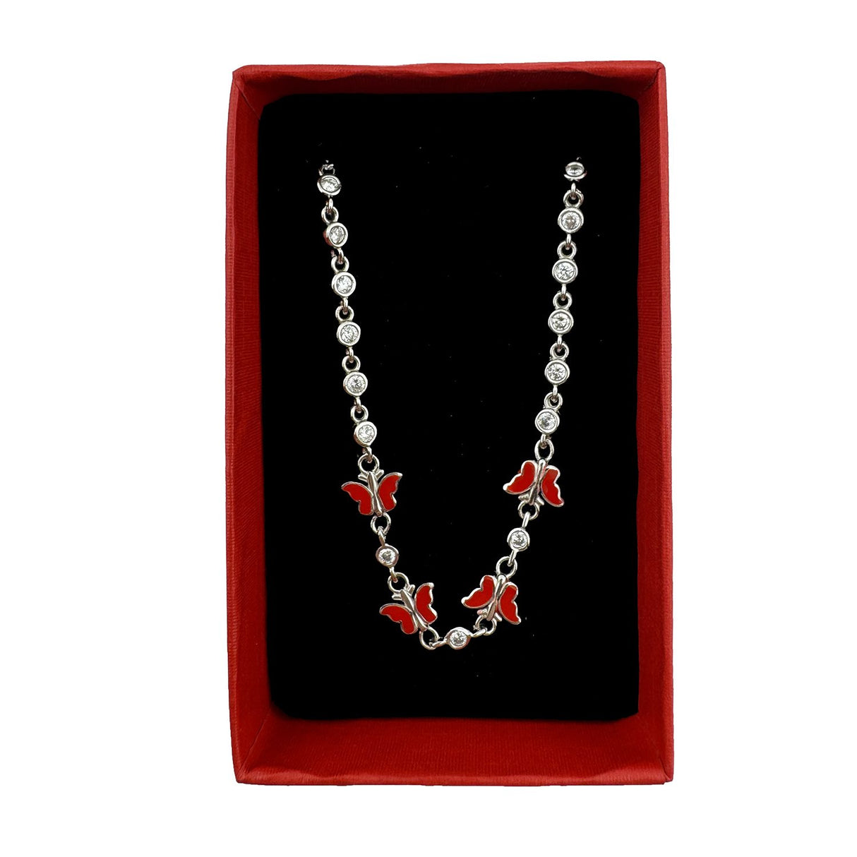 Bratara pentru Copii, Jolie, Argint 925, Model Fluture, cu Email si Zirconiu, 22 cm/4.4g Argintiu/Rosu inchis - vivimall.ro