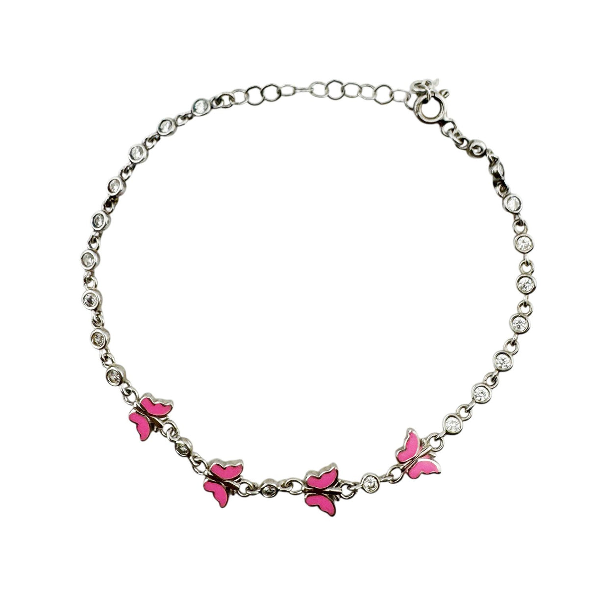 Bratara pentru Copii, Jolie, Argint 925, Model Fluture, cu Email si Zirconiu, 22 cm/4.4g Argintiu/Roz deschis - vivimall.ro