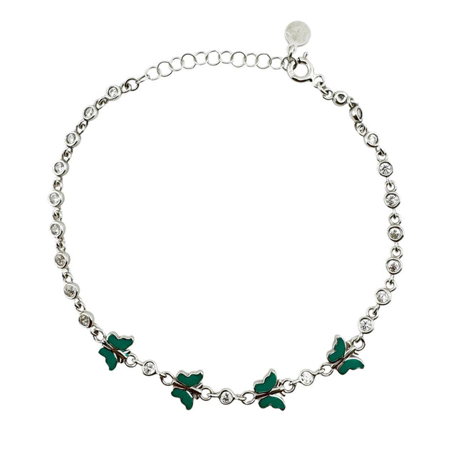 Bratara pentru Copii, Jolie, Argint 925, Model Fluture, cu Email si Zirconiu, 22 cm/4.4g Argintiu/Verde - vivimall.ro