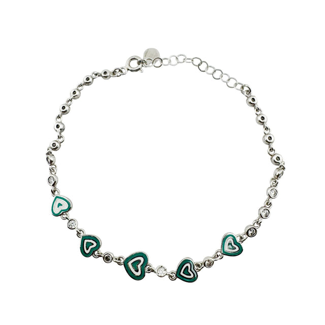 Bratara pentru Copii, Jolie, Argint 925, Model Inima, cu Email si Zirconiu, 22 cm/4.4g Argintiu/Verde - vivimall.ro