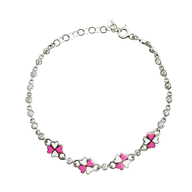 Bratara pentru Copii, Jolie, Argint 925, Model Trifoi, cu Email si Zirconiu, 22 cm/4.4g Argintiu/Roz/Alb - vivimall.ro