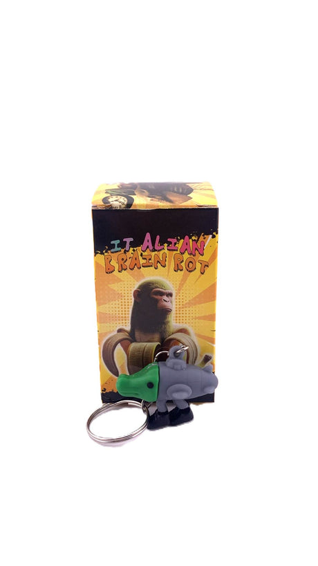 Detaliu figurină Bombardiro Crocodilo din silicon gri cu accente verde, breloc Flippy 4 cm
