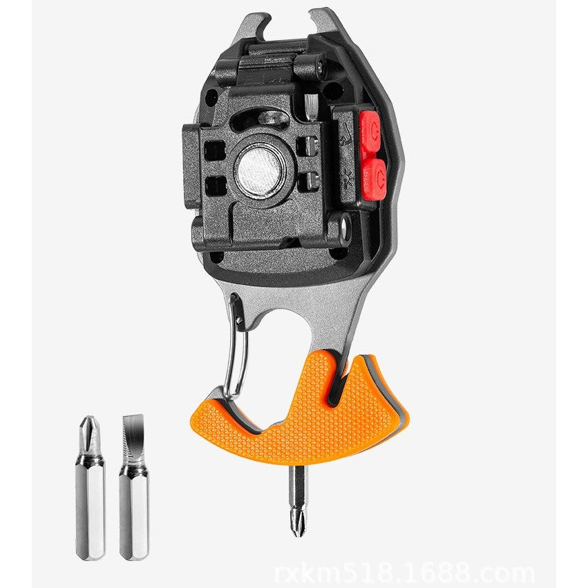 Breloc Multifunctional, Vivimall, Model W5147, Kit Supravietuire, Lanterna, Bricheta, Fluier, din ABS/Aluminiu, Alimentare USB, Negru/Portocaliu - vivimall.ro