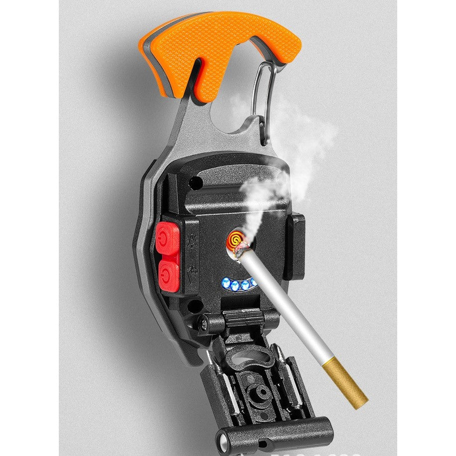 Breloc Multifunctional, Vivimall, Model W5147, Kit Supravietuire, Lanterna, Bricheta, Fluier, din ABS/Aluminiu, Alimentare USB, Negru/Portocaliu - vivimall.ro