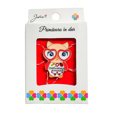 Martisor Brosa Mica in Cutie, Jolie, Model Bufnita O Educatoare Minunata, Metal, 5 x 3 cm, Multicolor - vivimall.ro