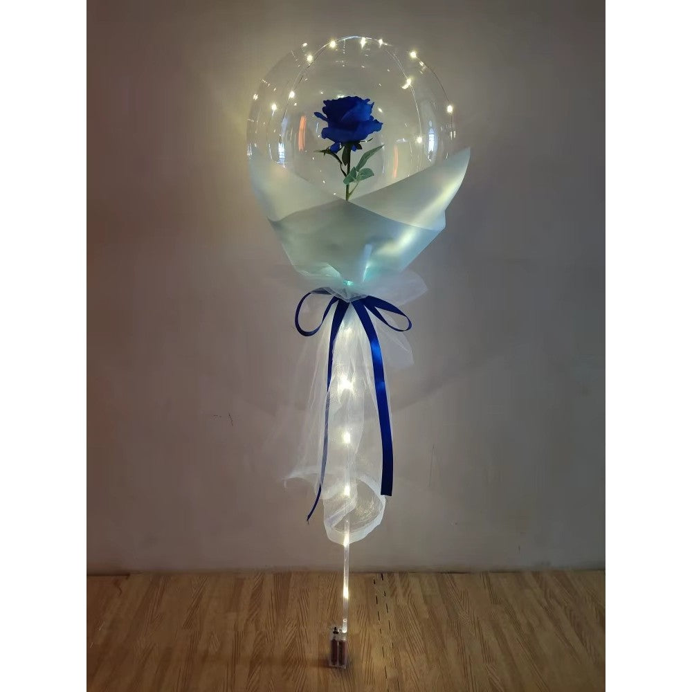 Buchet Decorativ, Vivimall, Trandafir in Balon cu Lumini Led, Diametru 35 cm, 2 x Baterii AA (neincluse), Albastru/Alb - vivimall.ro