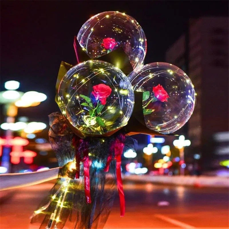 Buchet Decorativ, Vivimall, Trandafir in Balon cu Lumini Led, Diametru 35 cm, 2 x Baterii AA (neincluse), Rosu/Negru - vivimall.ro