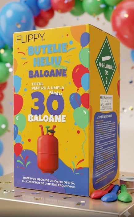 Butelie heliu Flippy 7L de unică folosință pentru 30 baloane latex, corp metalic roșu, vedere frontală