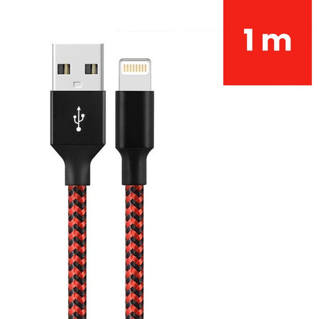 Cablu de Date pentru Telefon, Flippy, Cablu USB spre Lightning Compatibil cu iPhone, Lungime 1 M, Impletit Triunghiular in 2 culori, Rosu Negru - vivimall.ro