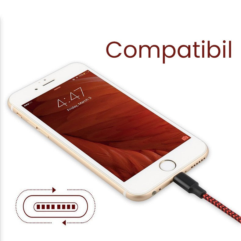 Cablu de Date pentru Telefon, Flippy, Cablu USB spre Lightning Compatibil cu iPhone, Lungime 1 M, Impletit Triunghiular in 2 culori, Rosu Negru - vivimall.ro