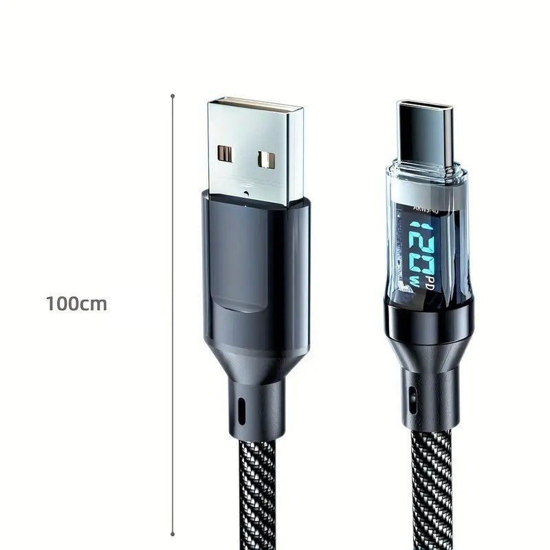 Cablu de Date Type C + USB, Vivimall, Încarcare Super Rapida, 120 W, Afișaj Digital LED, 1 m, Negru - vivimall.ro