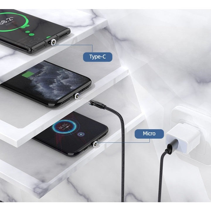 Cablu de incarcare magnetic 3 in 1 360 grade + 180 grade, 1 m, micro, type C, iPhone,  5 V, 2.1 A, Negru - vivimall.ro