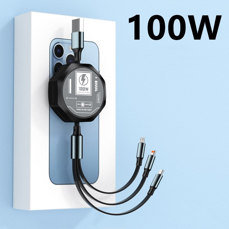 Cablu Retractabil 3in 1 pentru Telefon, Flippy, Cablu de incarcare rapida 100W, stil Mecha, potrivit pentru Auto, Universal 1.2M, Negru - vivimall.ro