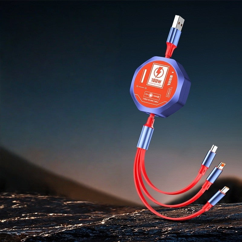 Cablu Retractabil 3in 1 pentru Telefon, Flippy, Cablu de incarcare rapida 100W, stil Mecha, potrivit pentru Auto, Universal 1.2M, Rosu Albastru - vivimall.ro