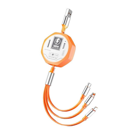 Cablu Retractabil 3in 1 pentru Telefon, Flippy, Cablu de incarcare rapida 100W, stil Mecha, potrivit pentru Auto, Universal 1.2M, Portocaliu - vivimall.ro