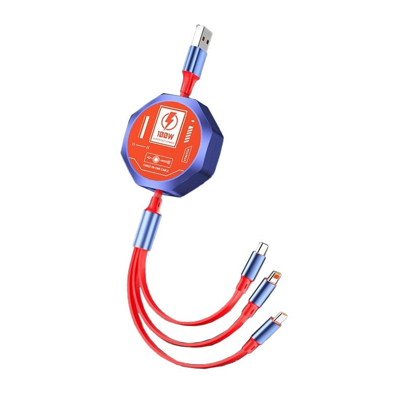 Cablu Retractabil 3in 1 pentru Telefon, Flippy, Cablu de incarcare rapida 100W, stil Mecha, potrivit pentru Auto, Universal 1.2M, Rosu Albastru - vivimall.ro