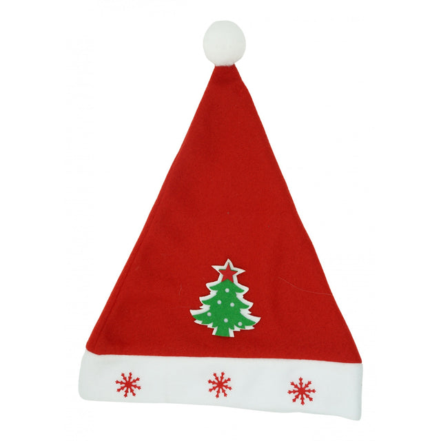 Caciulita de Mos Craciun, Vivimall,cu model de Brad si ornament fulg de nea, rosie, marime universala, material textil - vivimall.ro