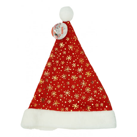 Caciulita de Mos Craciun, Vivimall,cu ornament auriu fulg de nea, rosie, marime universala, material textil - vivimall.ro