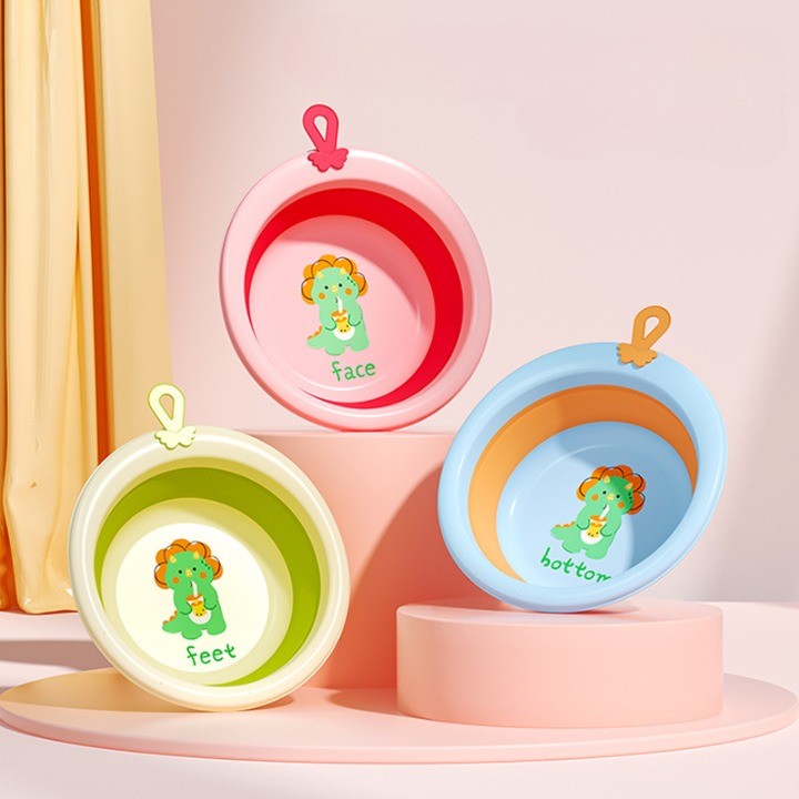 Cada Pliabila pentru Baie pentru Copii, Vivimall, Cadita pentru Bebelusi, Model Rotund cu Dinozaur, Blue, 30x30x3.7 cm, 4L - vivimall.ro