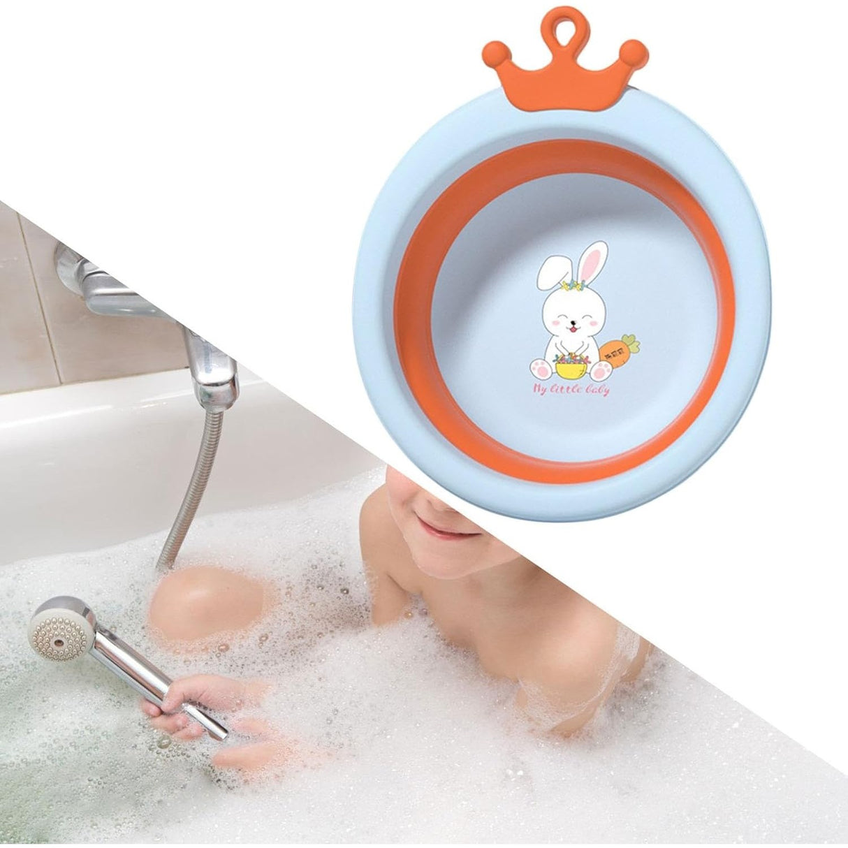 Cada Pliabila pentru Baie pentru Copii, Vivimall, Cadita pentru Bebelusi, Model Rotund cu Iepuras, Blue, 30x31x3.5 cm, 3.3 L - vivimall.ro