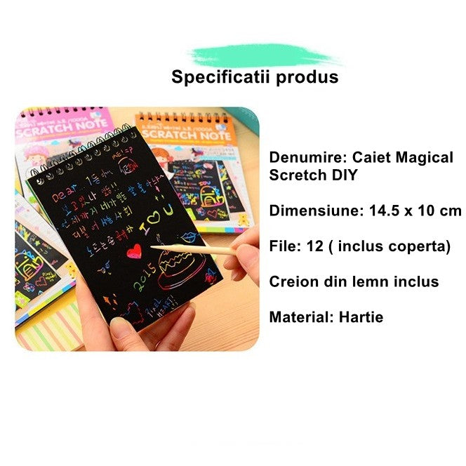 Caiet cu fise razuibile Vivimall, DIY Magic Scratch, 12 File, Curcubeu, Creion din Lemn, Cartonase negre, 14.5 x 10 cm, portocaliu - vivimall.ro