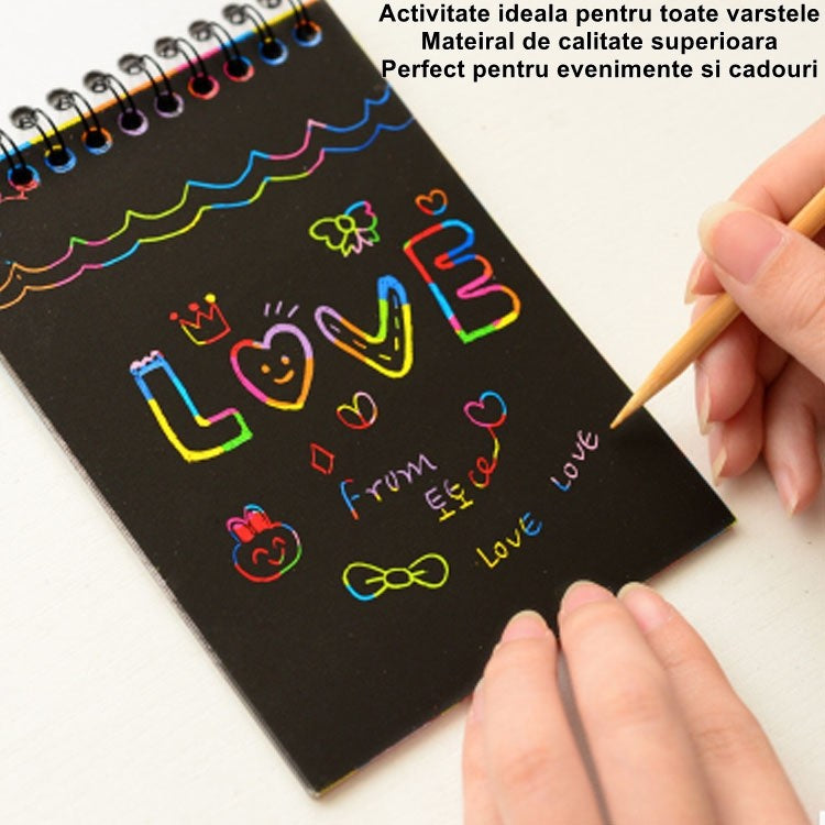 Caiet cu fise razuibile Vivimall, DIY Magic Scratch, 12 File, Curcubeu, Creion din Lemn, Cartonase negre, 14.5 x 10 cm, portocaliu - vivimall.ro
